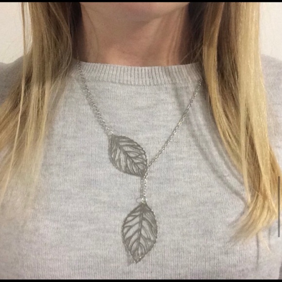 Silver Double Leaf Delicate Necklace - Picture 3 of 4